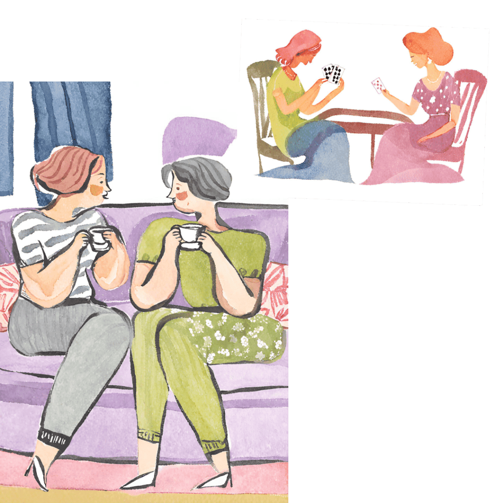 women over 50 playing cards and socializing over a cup of tea